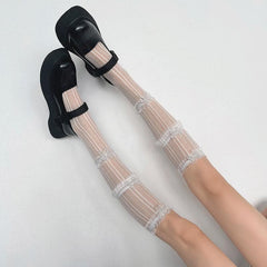 Gauze striped butterfly applique knee high socks