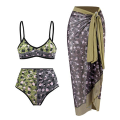 Flower print contrast v neck 2-way cami 3 piece swimwear