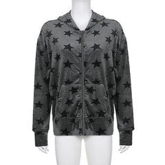 Contrast star pattern long sleeve hoodie pocket zip-up coat - Final Sale