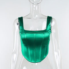 Sleeveless solid satin backless zip-up corset crop top