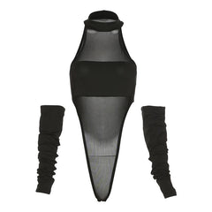 Sleeveless mesh see through gloves button gloves bodysuit