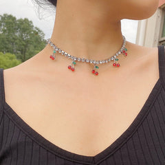 Cherry pendant rhinestone necklace