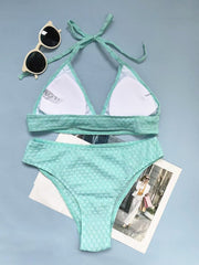 Halter padded textured solid self tie bikini swimwear