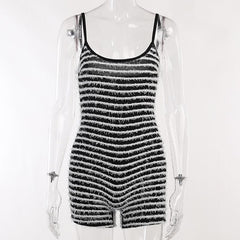 Contrast striped fluffy backless cami romper