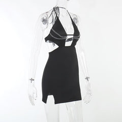 Beaded solid halter backless hollow out slit mini dress