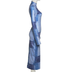 Denim print long sleeve high neck stitch contrast slit maxi dress