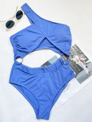 One shoulder solid padded o ring hollow out one piece swimwear