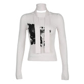 Contrast print long sleeve round neck top