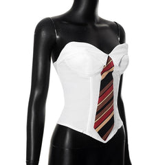 Necktie pattern contrast sweetheart neck lace up tube crop top