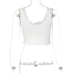 Textured lace hem solid u neck sleeveless crop top