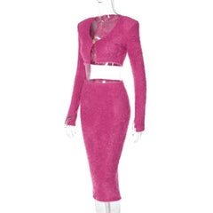 Textured button long sleeve gloves midi skirt set