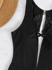 Tassels solid low cut backless cross front one piece swimwear