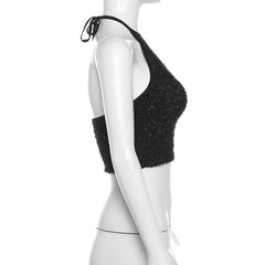 Textured halter self tie backless solid crop top
