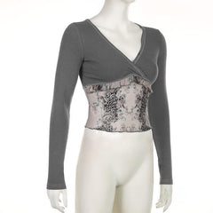 Leopard print mesh patchwork long sleeve v neck top