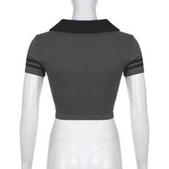 Turnover collar 13 pattern short sleeve contrast crop top