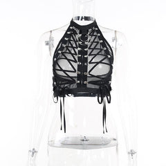 Mesh see through lace up open back metal ring open back top