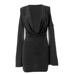 Long flared sleeve off shoulder cowl neck ruched solid mini dress