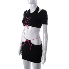 Contrast halter hollow out short sleeve lace up mini skirt set