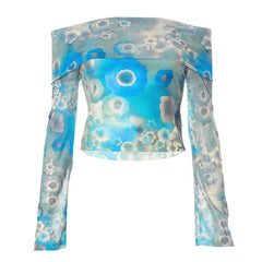 Flower print contrast off shoulder long sleeve mesh top