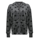 Contrast star pattern long sleeve hoodie pocket zip-up coat - Final Sale
