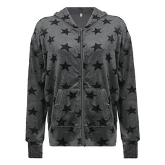 Contrast star pattern long sleeve hoodie pocket zip-up coat - Final Sale