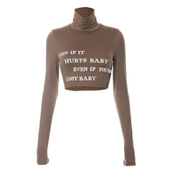 Long sleeve turtle neck letter print contrast crop top