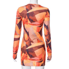 Contrast print long sleeve crewneck mini dress