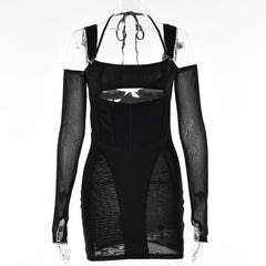 Gloves mesh corset off shoulder hollow out long sleeve halter mini dress
