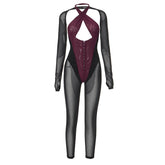 Long sleeve button halter cross front shrug mesh backless 2 piece jumpsuit