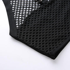 Mesh buckle halter backless solid crop top