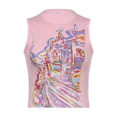 Sleeveless crewneck abstract contrast top