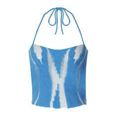 Solid halter self tie backless knitted hollow out crop top