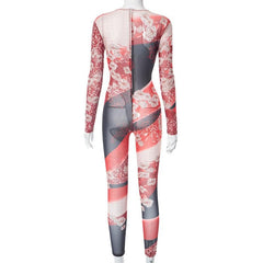 Contrast print zip-up long sleeve sheer mesh see through jumpsuit