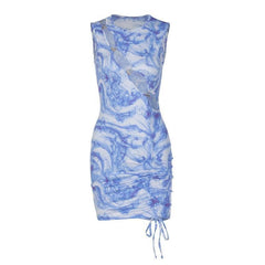 Sleeveless crewneck hollow out drawstring mini dress