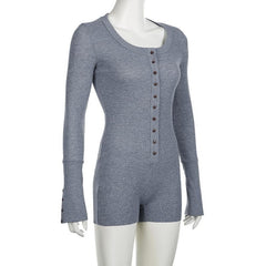 Button round neck long sleeve slit solid romper
