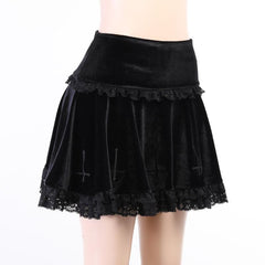 Solid A line lace hem spider web pattern mini skirt