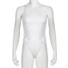 Lace up contrast lace hem sleeveless bowknot crop top