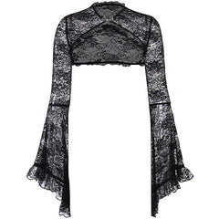 Solid flared sleeve lace hem button hollow out shrug top