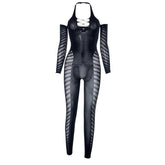 Beaded fishnet off shoulder halter hollow out long sleeve jumpsuit