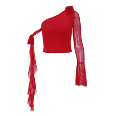Long flared sleeve one shoulder mesh flower applique backless top
