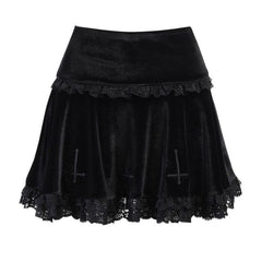 Solid A line lace hem spider web pattern mini skirt
