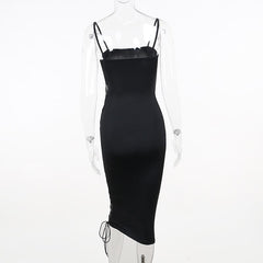 Lace up solid irregular backless square neck midi dress