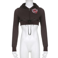 Long sleeve contrast embroidery zip-up hoodie self tie crop top