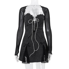 Long sleeve mesh plaid bowknot lace up shrug 2 piece mini dress