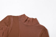 Long sleeve irregular high neck solid mesh mini dress