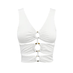 O ring hollow out solid v neck crop top