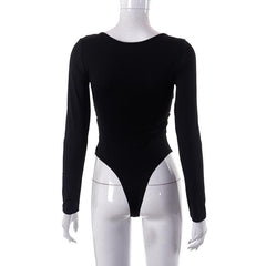 Solid long sleeve o ring hollow out u neck bodysuit