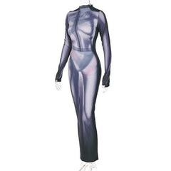 Contrast print slit long sleeve gloves high neck maxi dress