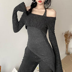 Long sleeve contrast halter o ring self tie irregular 2 piece crop top