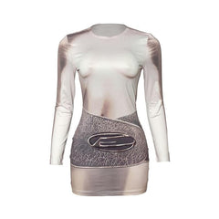Long sleeve crewneck body print contrast mini dress